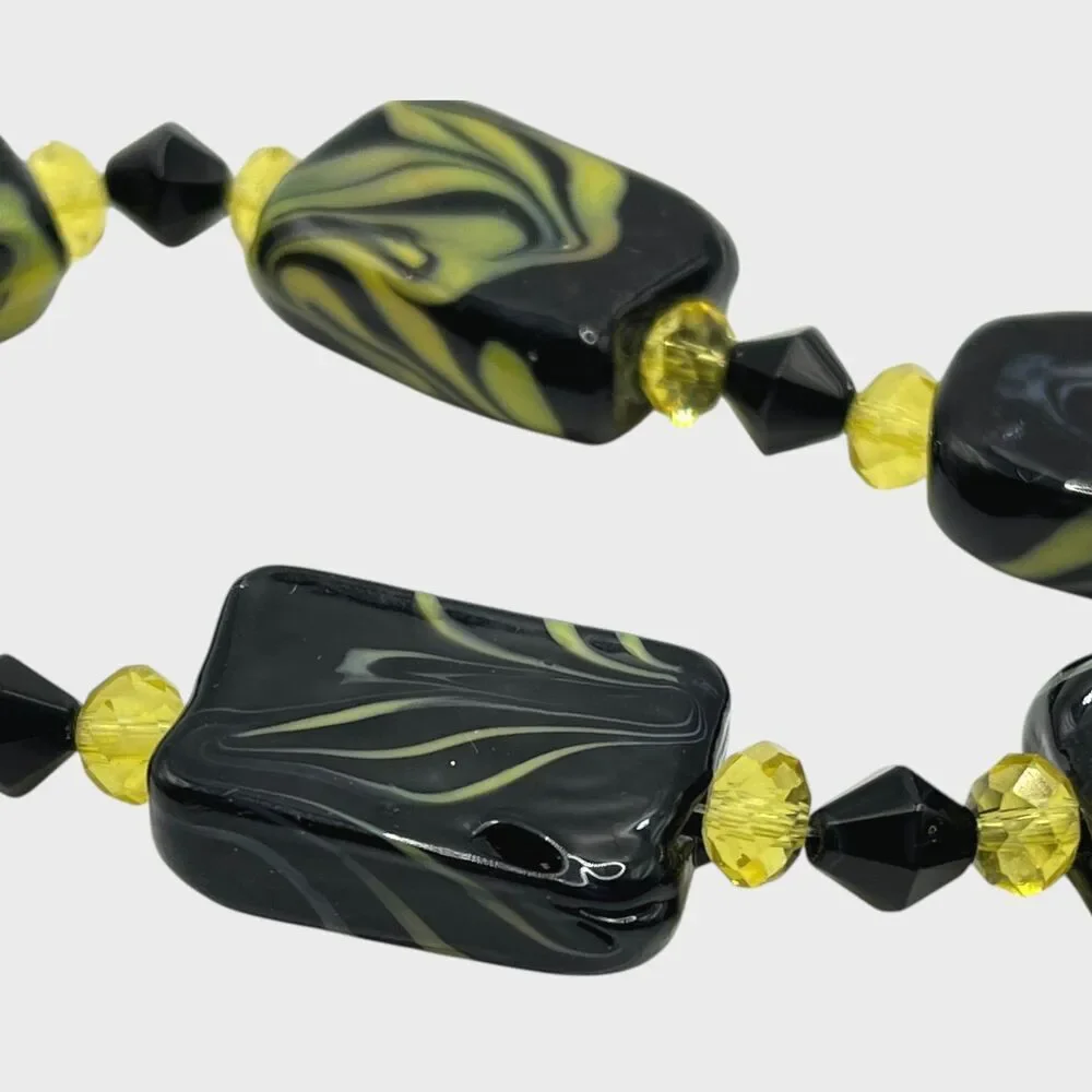 Lot Art Glass Beads Black Yellow Swirl Silver Tone Foil Jewelry Craft Lampwork